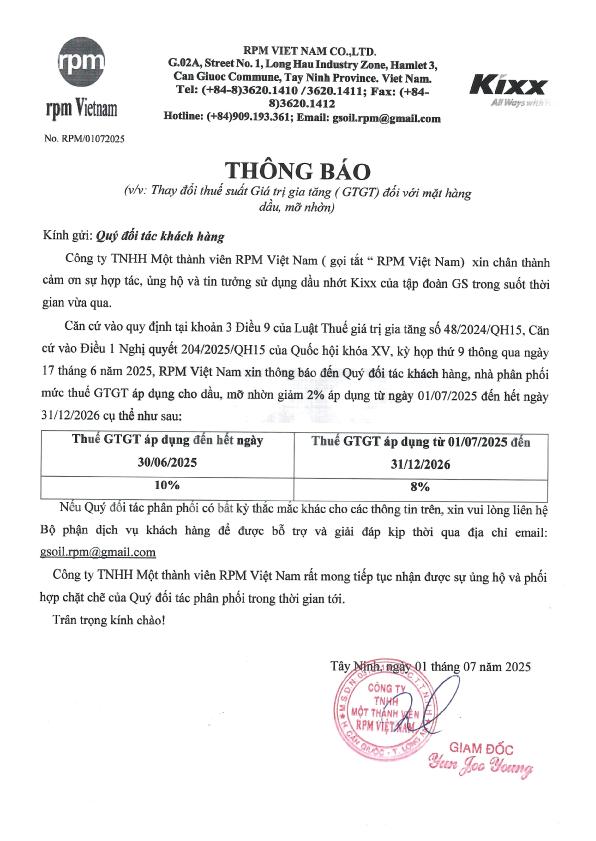 RPM Việt Nam thông báo giảm VAT